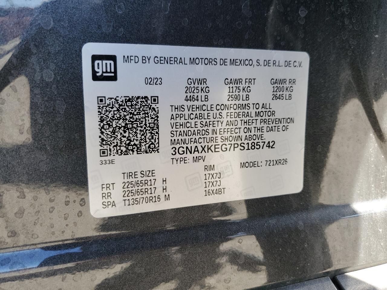 2023 CHEVROLET EQUINOX LT VIN:3GNAXKEG7PS185742