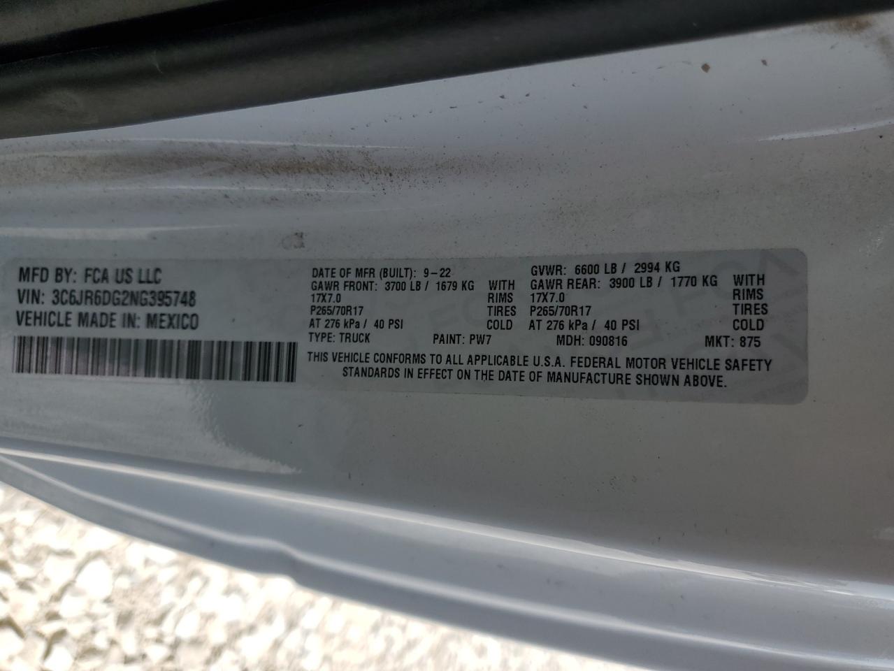 2022 RAM 1500 CLASSIC TRADESMAN VIN:3C6JR6DG2NG395748
