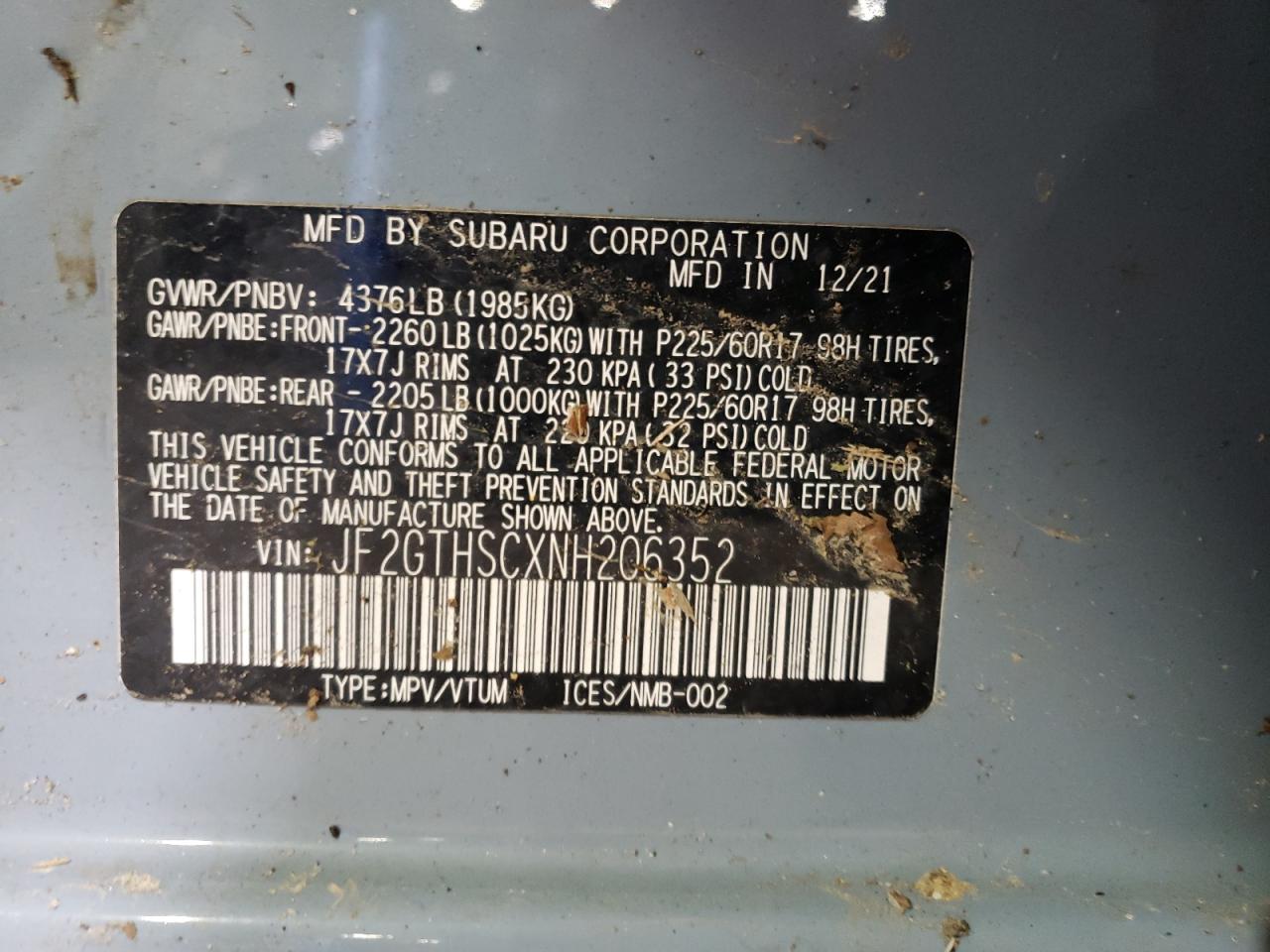 2022 SUBARU CROSSTREK SPORT VIN:JF2GTHSCXNH206352