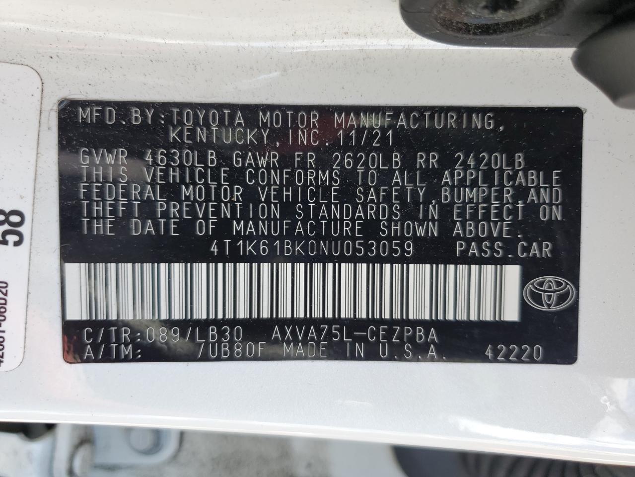 2022 TOYOTA CAMRY XSE VIN:4T1K61BK0NU053059