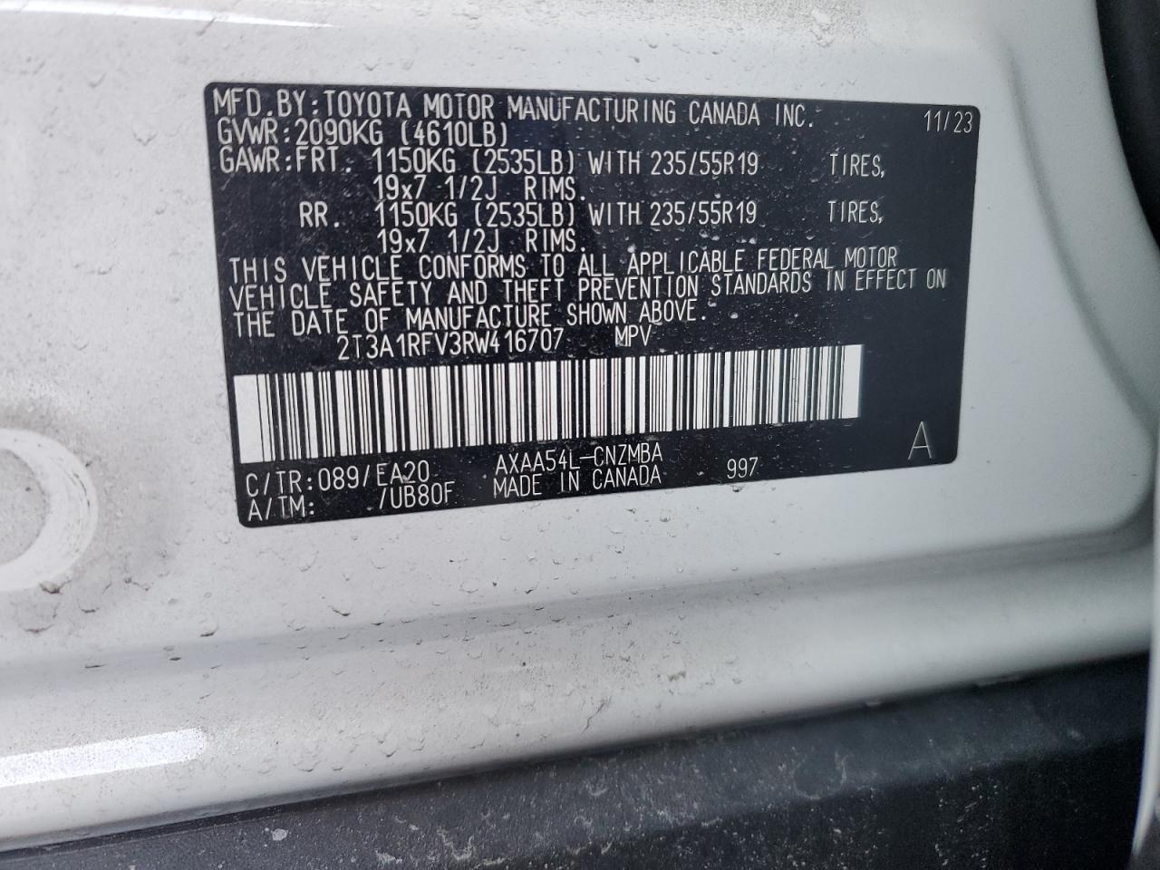 2024 TOYOTA RAV4 XLE PREMIUM VIN:2T3A1RFV3RW416707