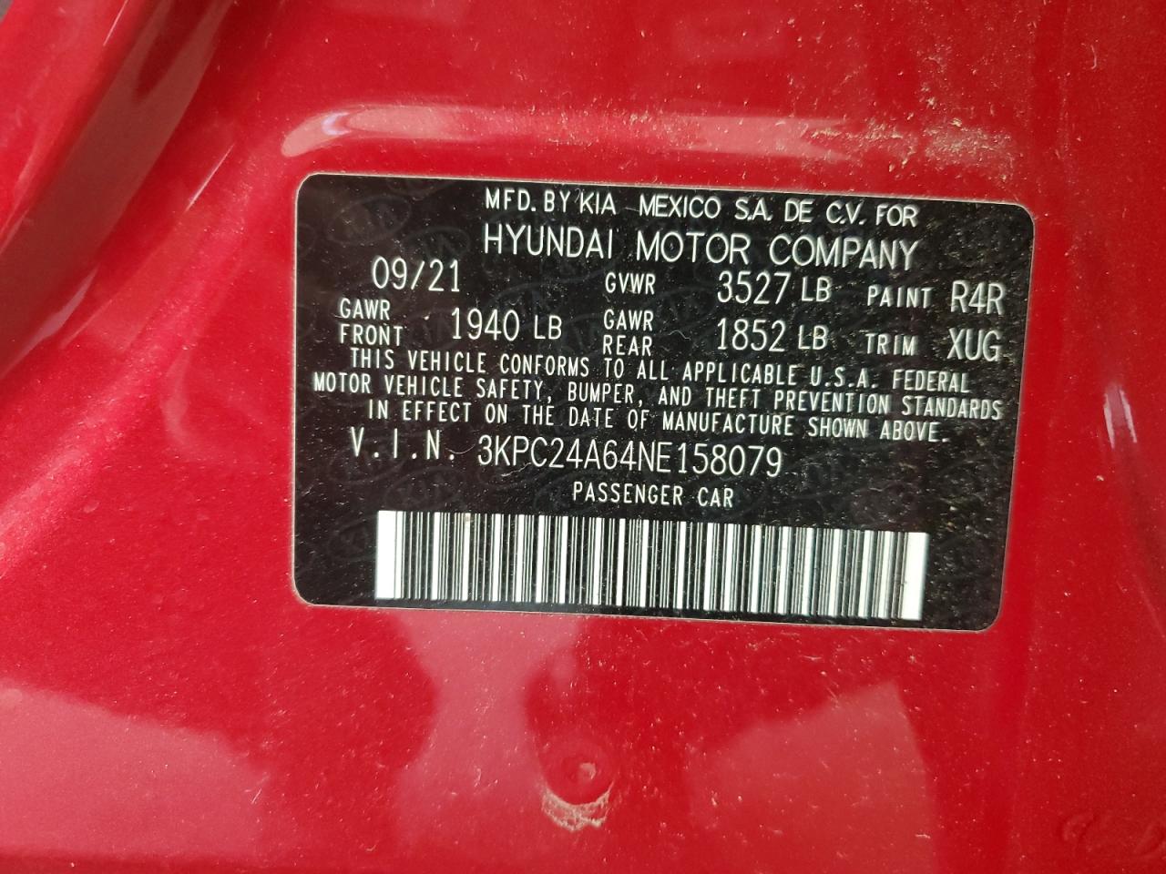 2022 HYUNDAI ACCENT SE VIN:3KPC24A64NE158079