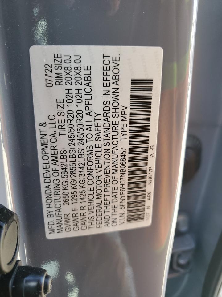 2022 HONDA PILOT ELITE VIN:5FNYF6H07NB068457