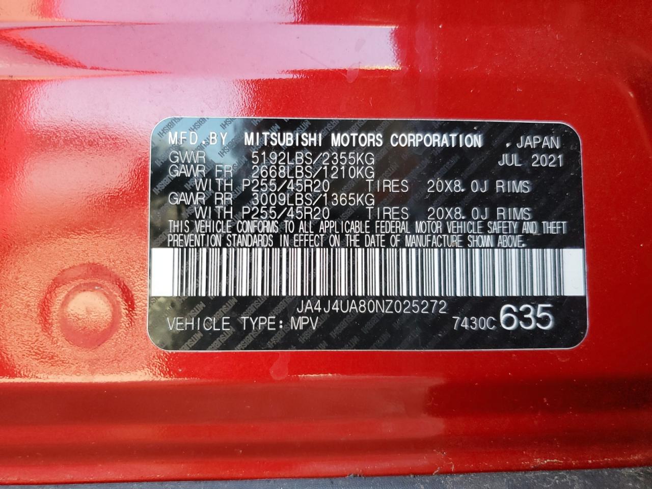 2022 MITSUBISHI OUTLANDER SE VIN:JA4J4UA80NZ025272