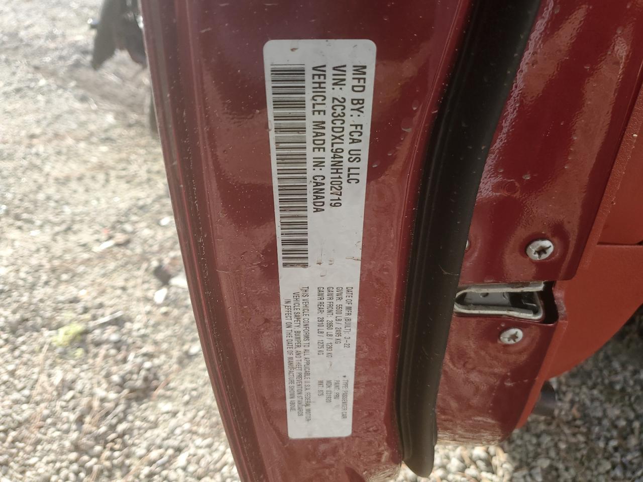 2022 DODGE CHARGER SRT HELLCAT VIN:2C3CDXL94NH102719