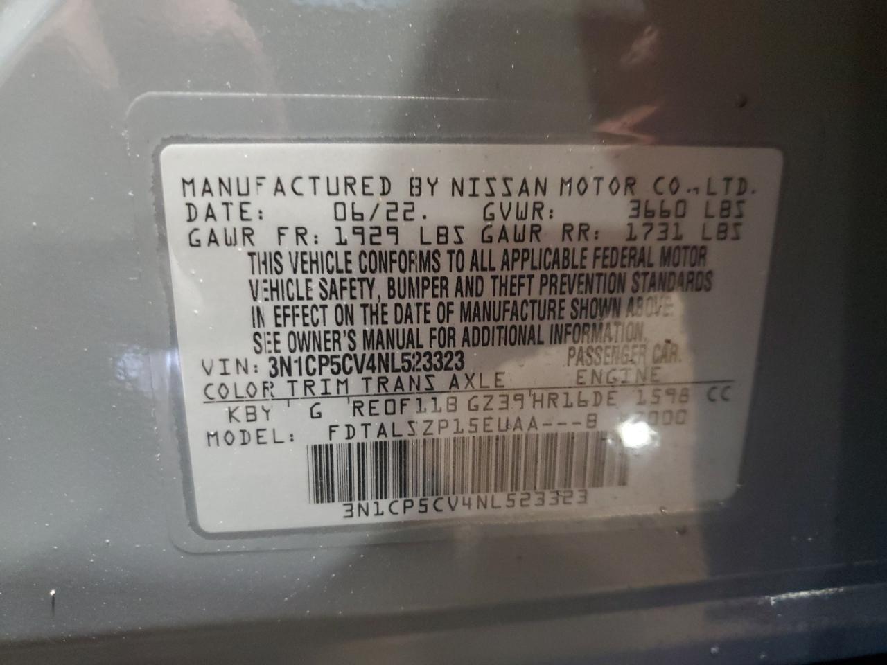 2022 NISSAN KICKS SV VIN:3N1CP5CV4NL523323