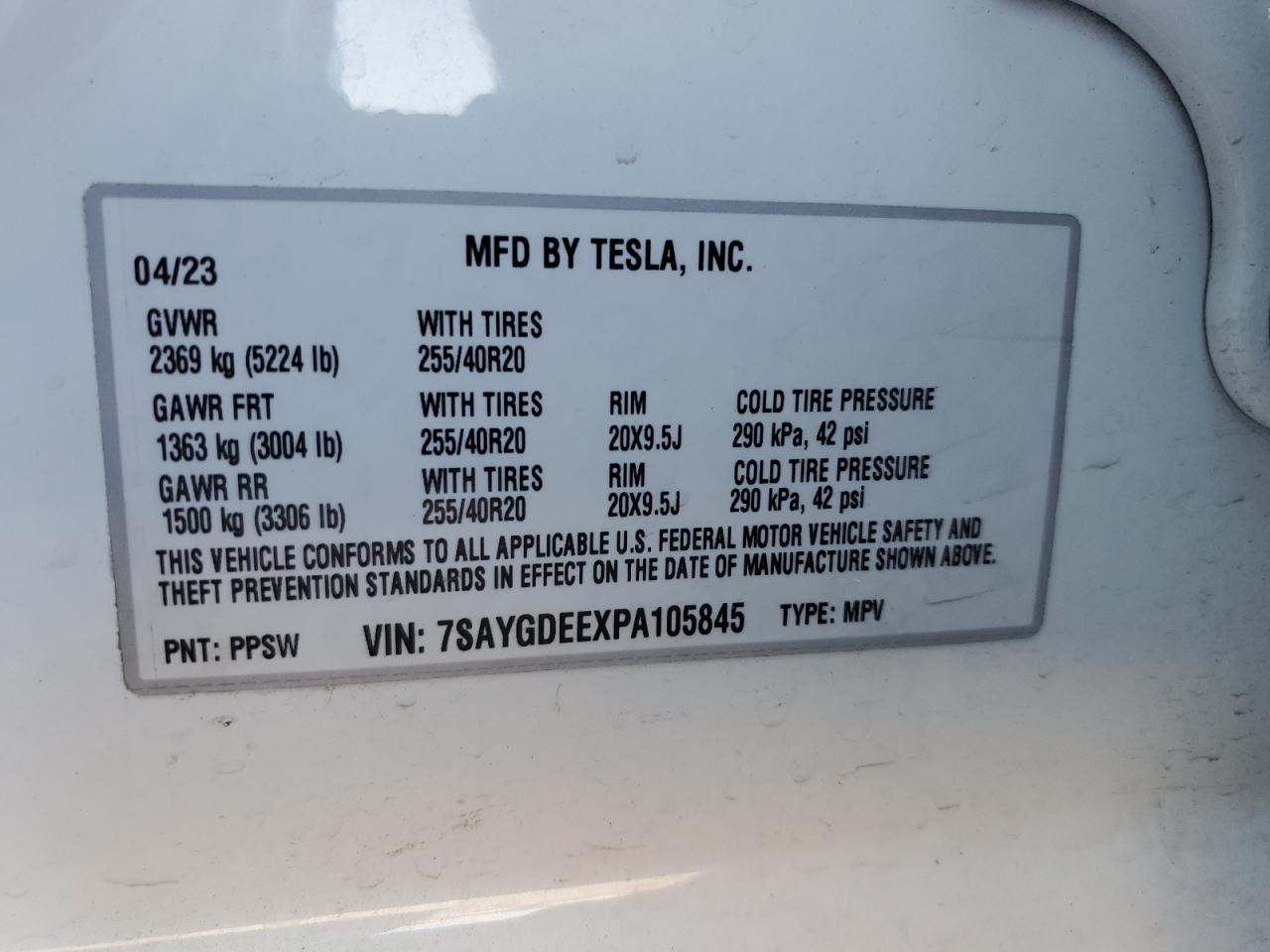 2023 TESLA MODEL Y VIN:7SAYGDEEXPA105845