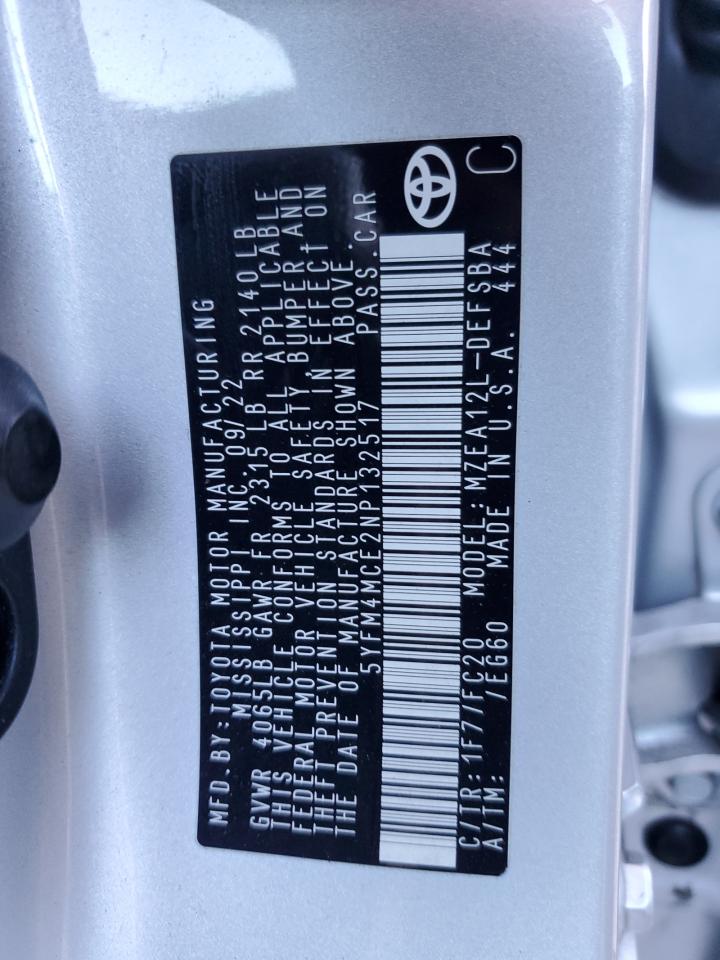 2022 TOYOTA COROLLA SE VIN:5YFM4MCE2NP132517