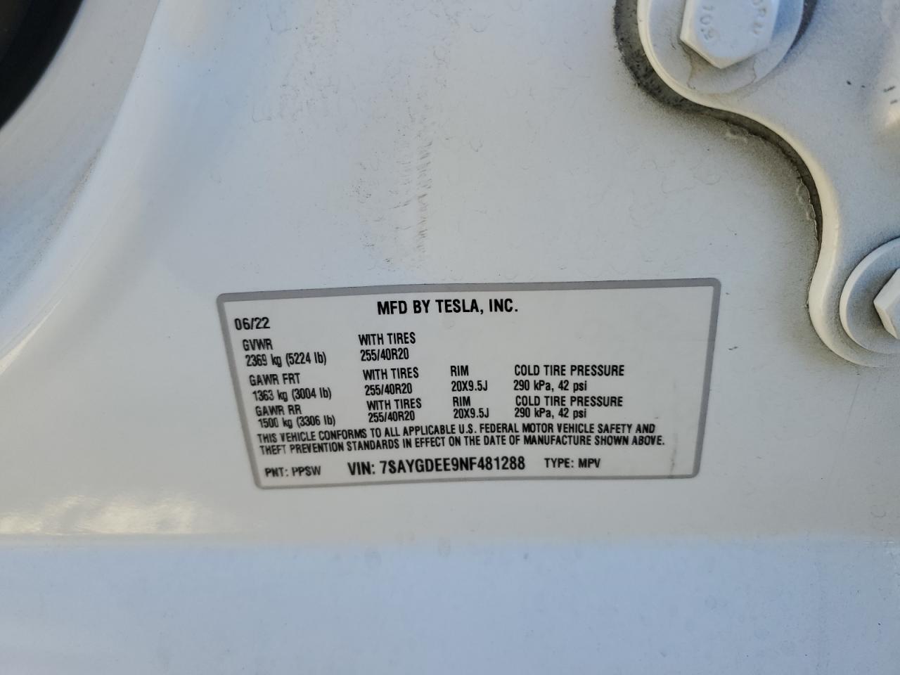 2022 TESLA MODEL Y VIN:7SAYGDEE9NF481288