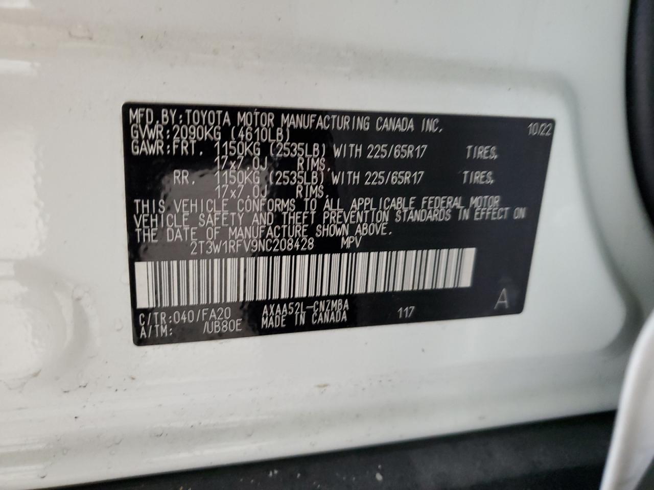 2022 TOYOTA RAV4 XLE VIN:2T3W1RFV9NC208428