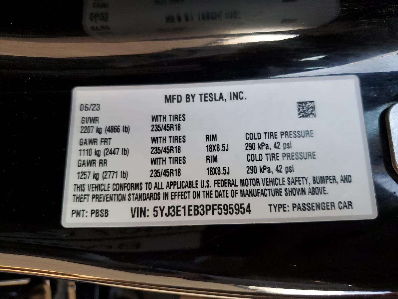 2023 TESLA MODEL 3 VIN:5YJ3E1EB3PF595954