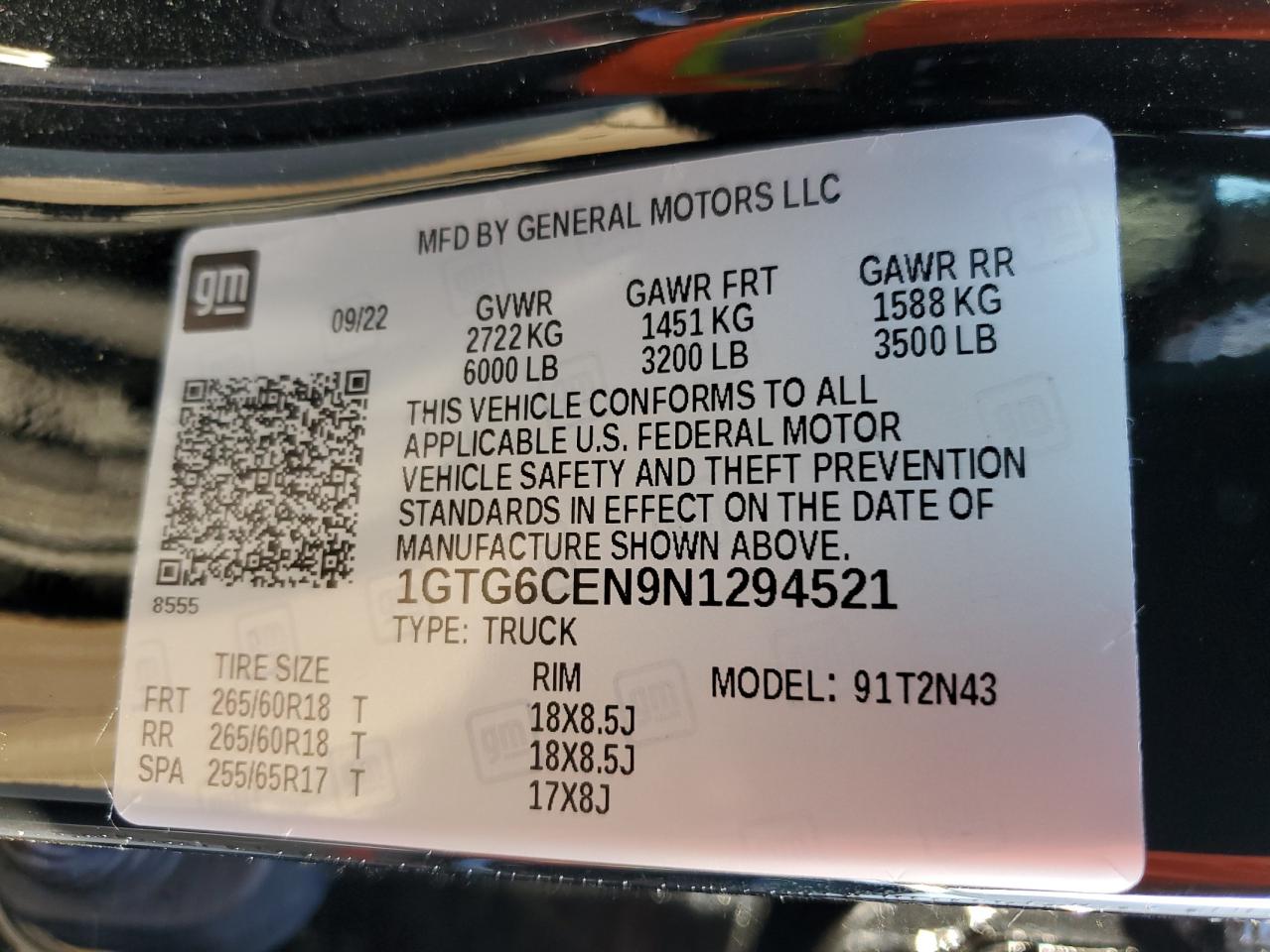 2022 GMC CANYON ELEVATION VIN:1GTG6CEN9N1294521