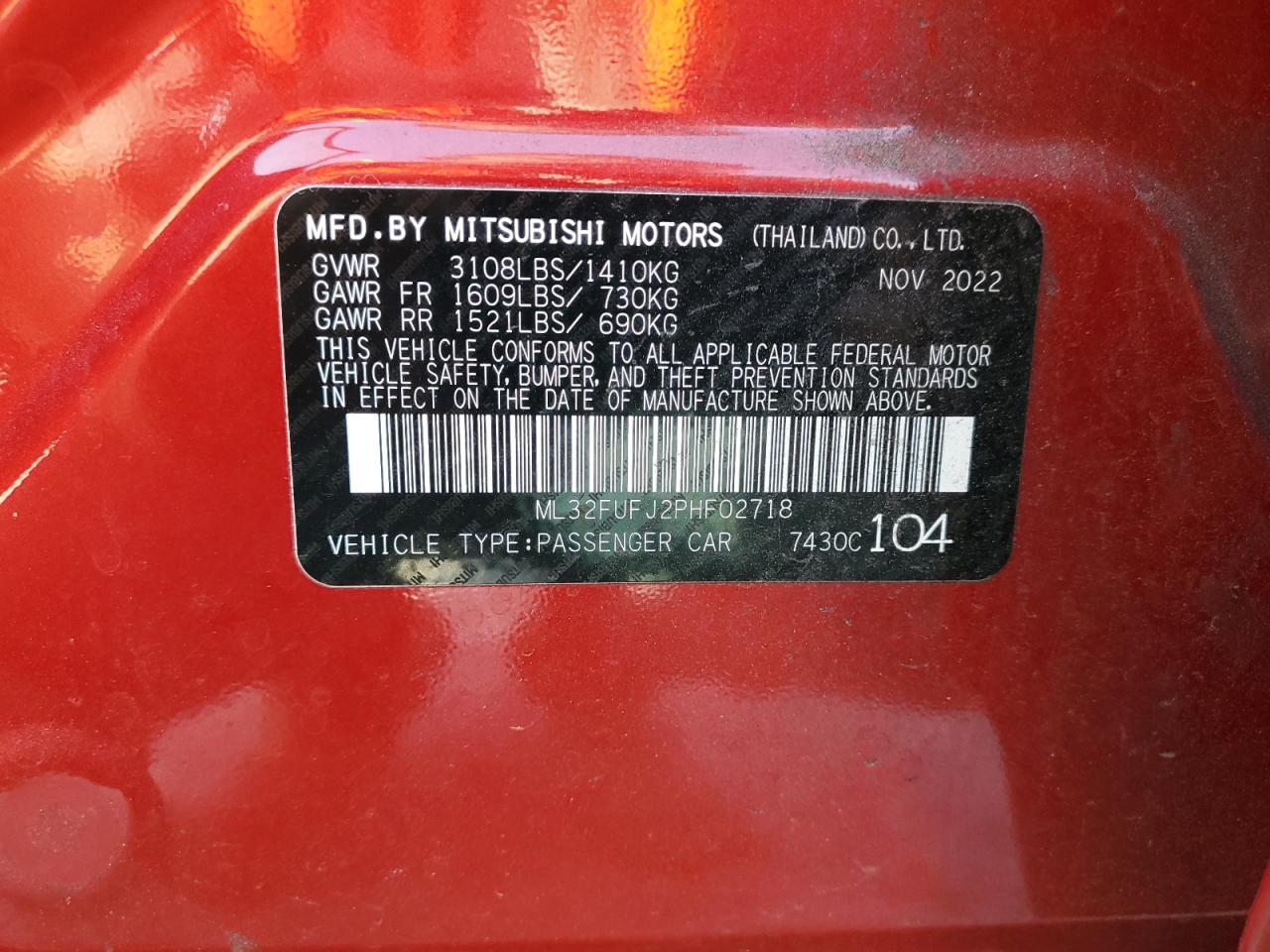 2023 MITSUBISHI MIRAGE G4 ES VIN:ML32FUFJ2PHF02718