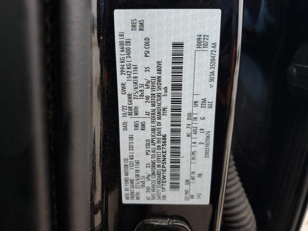 2022 FORD F150 SUPERCREW VIN:1FTEW1EP5NKE75686