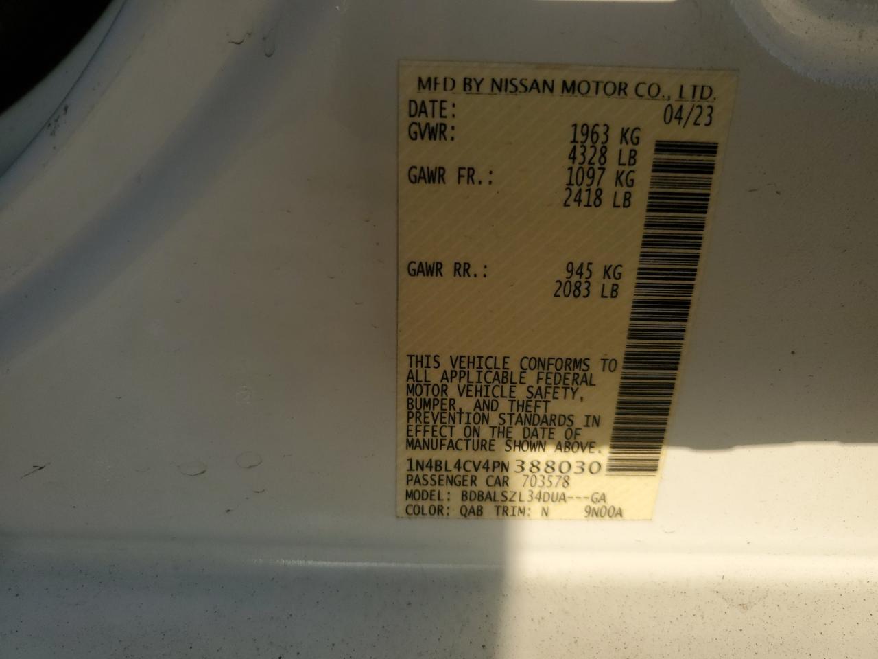 2023 NISSAN ALTIMA SR VIN:1N4BL4CV4PN388030