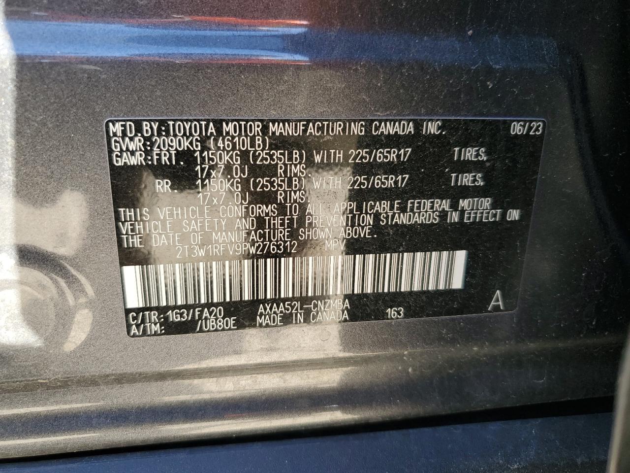 2023 TOYOTA RAV4 XLE VIN:2T3W1RFV9PW276312