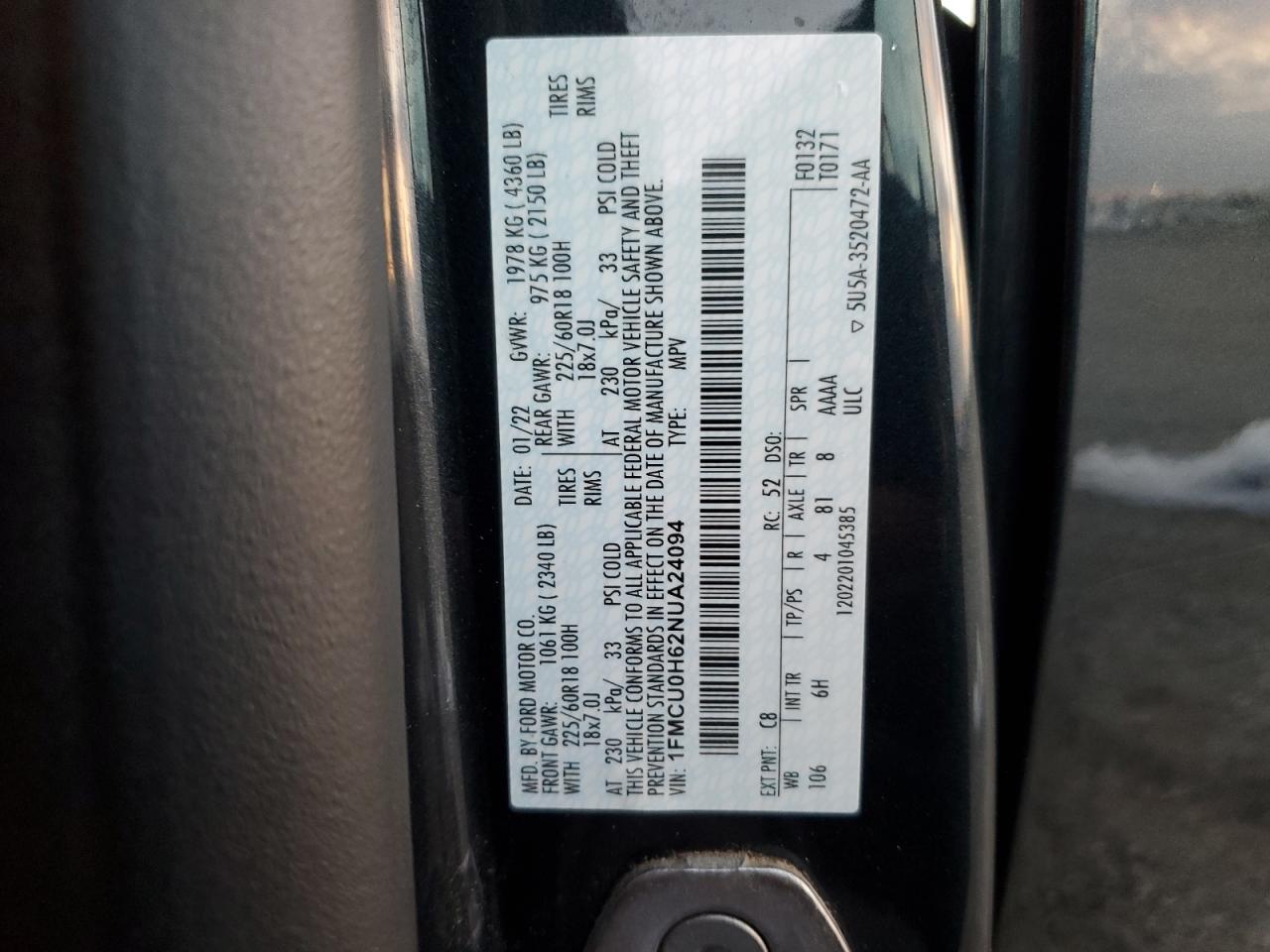 2022 FORD ESCAPE SEL VIN:1FMCU0H62NUA24094