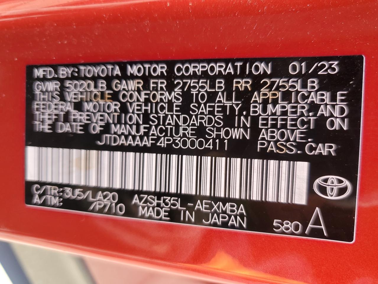 2023 TOYOTA CROWN XLE VIN:JTDAAAAF4P3000411
