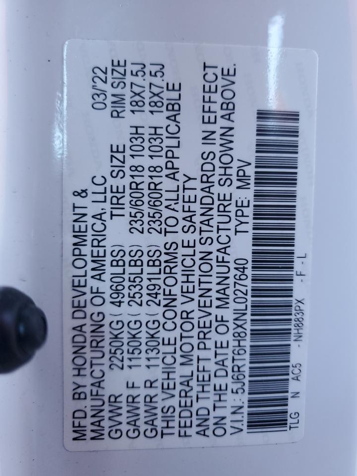 2022 HONDA CR-V EXL VIN:5J6RT6H8XNL027640