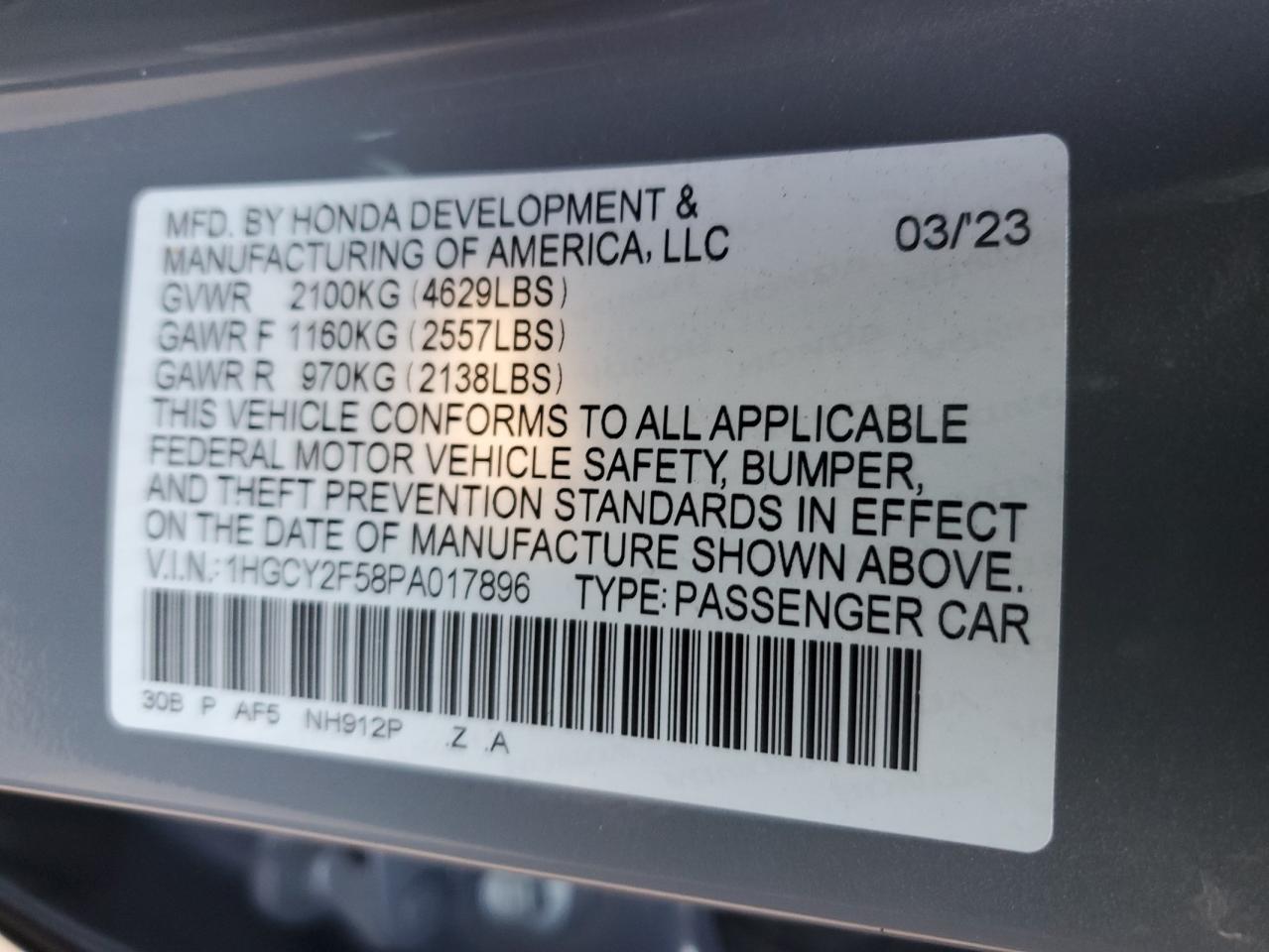 2023 HONDA ACCORD HYBRID SPORT VIN:1HGCY2F58PA017896