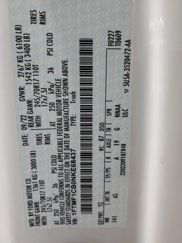 2022 FORD F150 VIN:1FTMF1CB0NKE68437