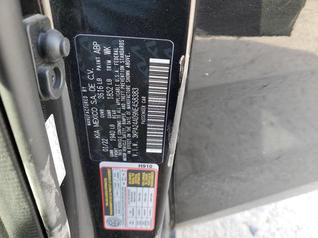 2022 KIA RIO LX VIN:3KPA24AD9NE458383