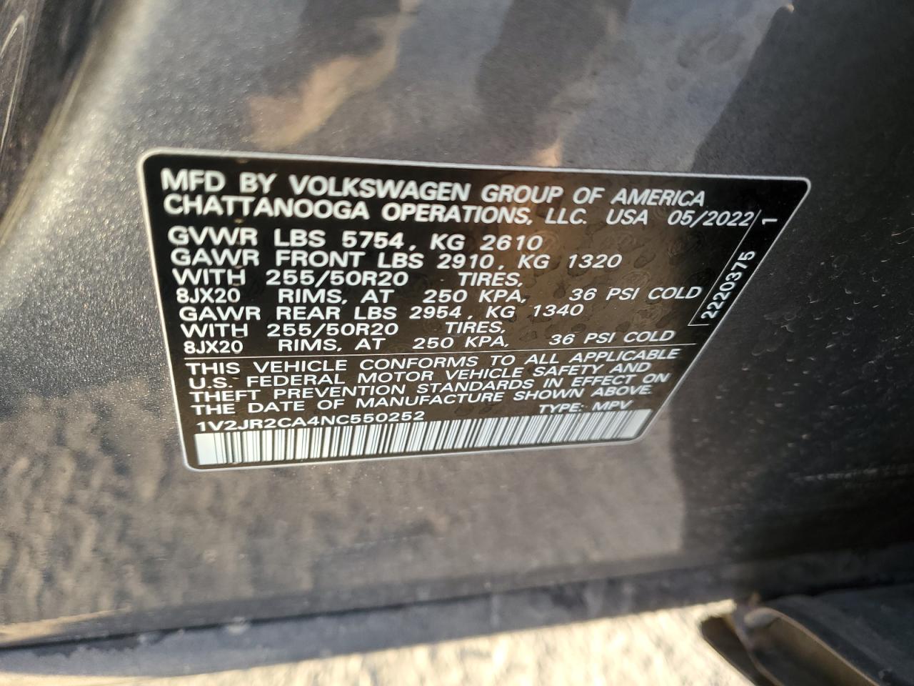 2022 VOLKSWAGEN ATLAS SE VIN:1V2JR2CA4NC550252