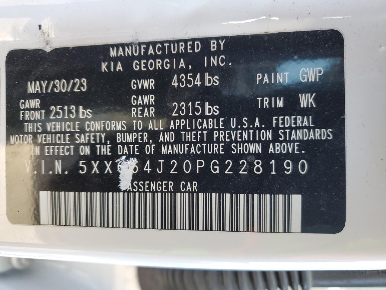 2023 KIA K5 GT LINE VIN:5XXG64J20PG228190