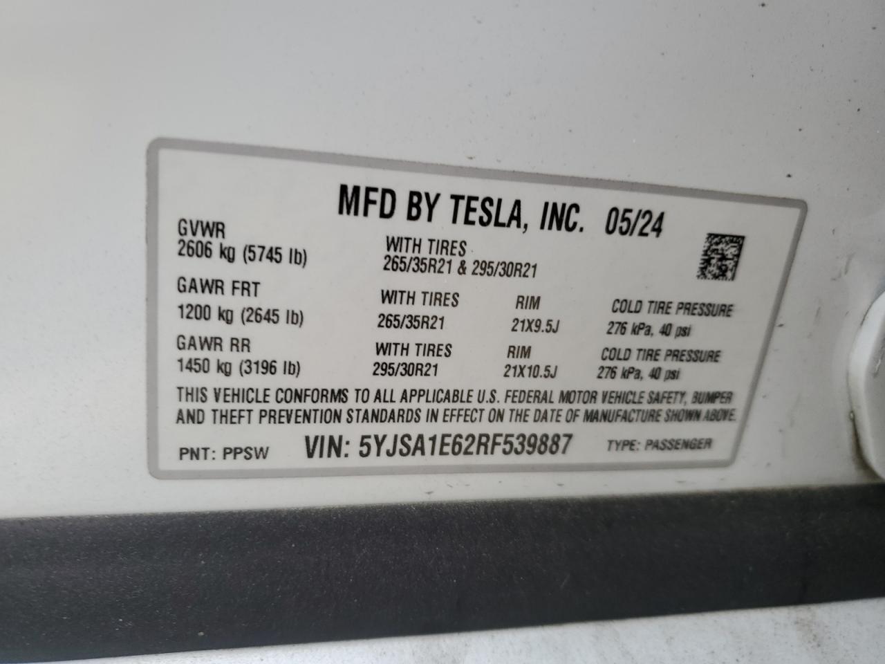 2024 TESLA MODEL S VIN:5YJSA1E62RF539887