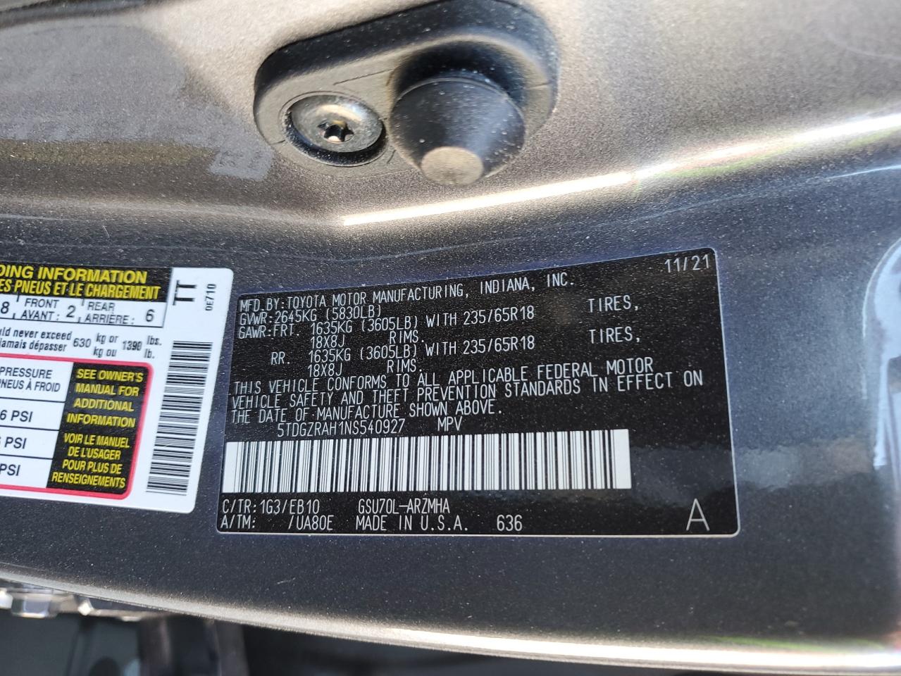 2022 TOYOTA HIGHLANDER XLE VIN:5TDGZRAH1NS540927