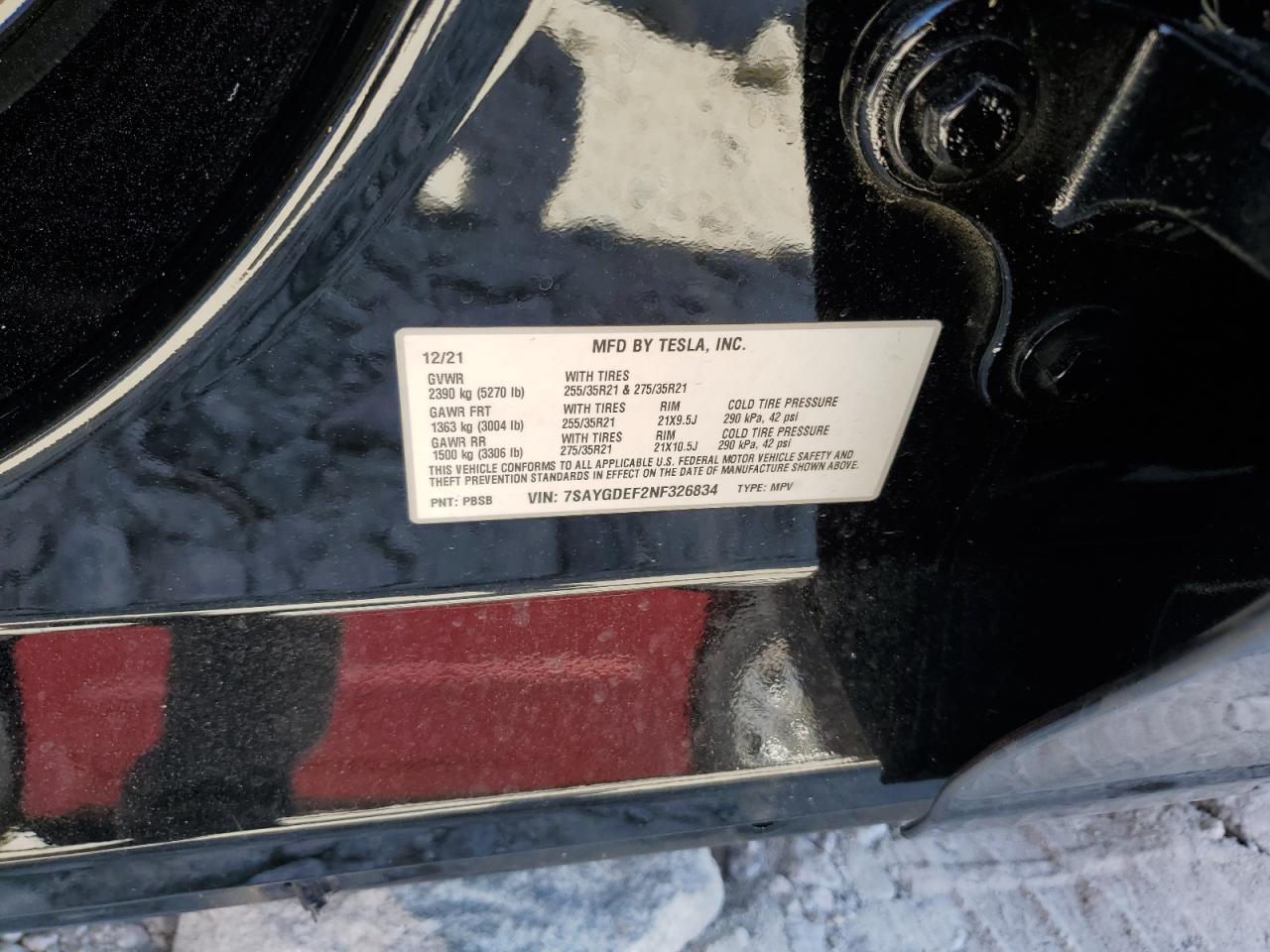 2022 TESLA MODEL Y VIN:7SAYGDEF2NF326834