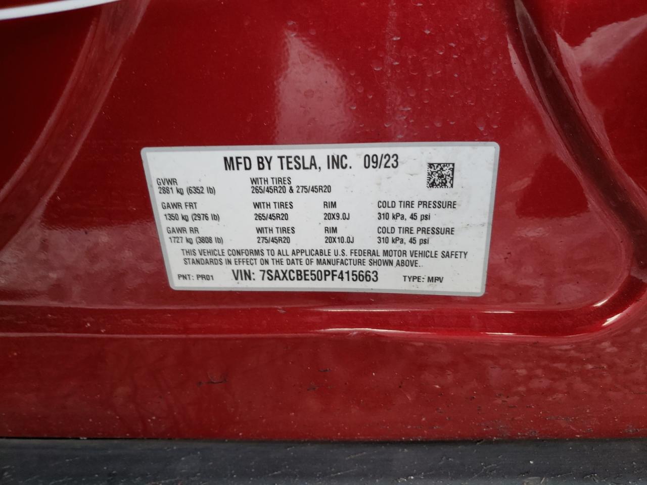 2023 TESLA MODEL X VIN:7SAXCBE50PF415663
