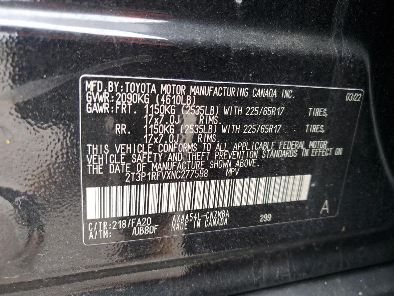 2022 TOYOTA RAV4 XLE VIN:2T3P1RFVXNC277598