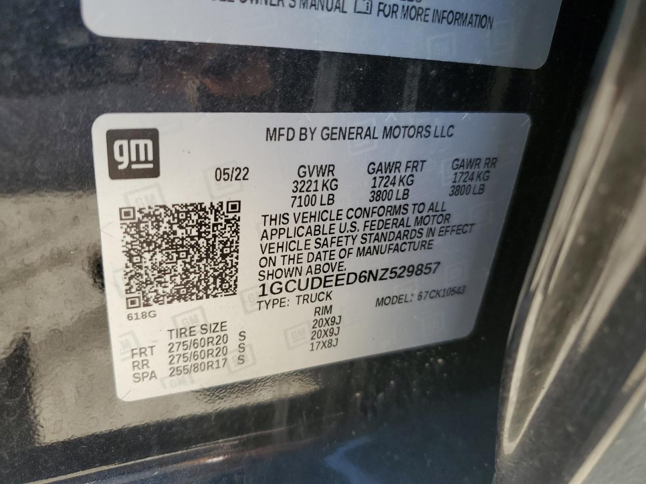 2022 CHEVROLET SILVERADO K1500 RST VIN:1GCUDEED6NZ529857