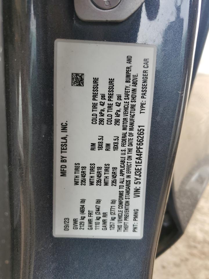 2023 TESLA MODEL 3 VIN:5YJ3E1EA4PF662651