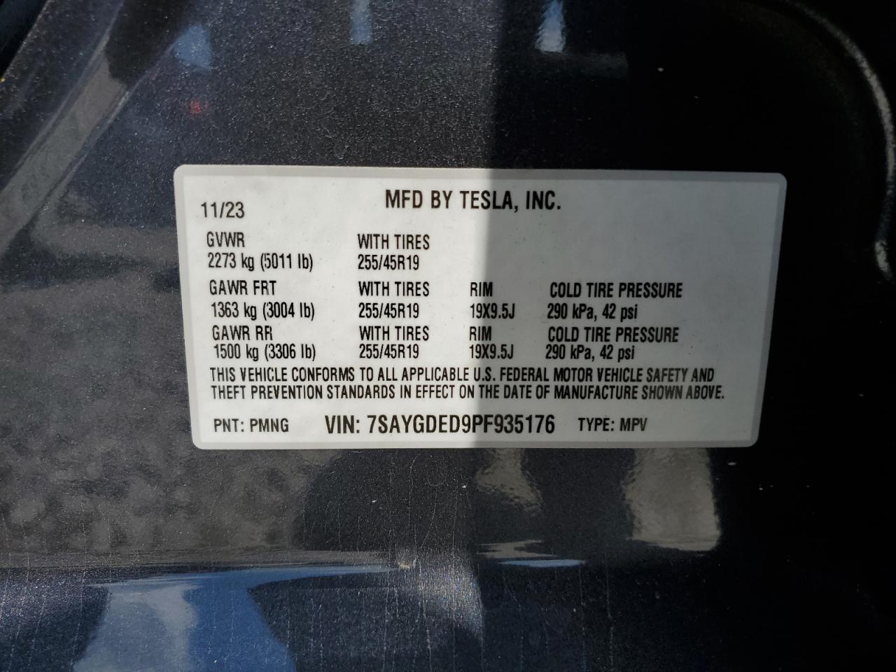 2023 TESLA MODEL Y VIN:7SAYGDED9PF935176