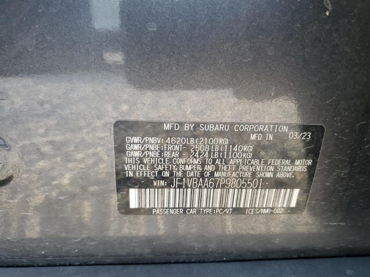 2023 SUBARU WRX VIN:JF1VBAA67P9805501