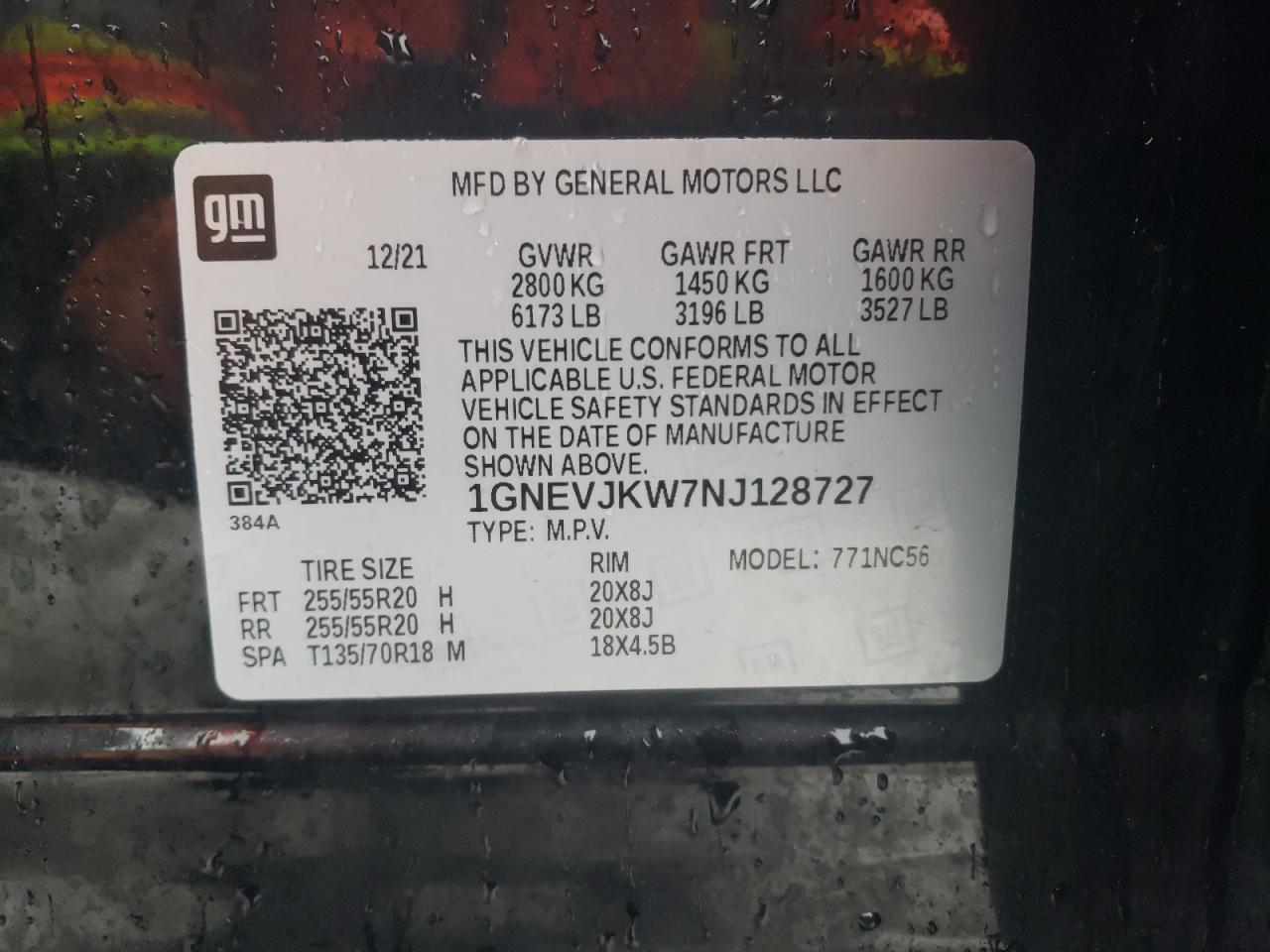 2022 CHEVROLET TRAVERSE RS VIN:1GNEVJKW7NJ128727