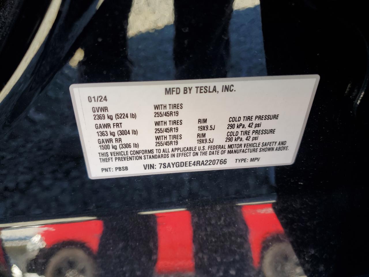 2024 TESLA MODEL Y VIN:7SAYGDEE4RA220766