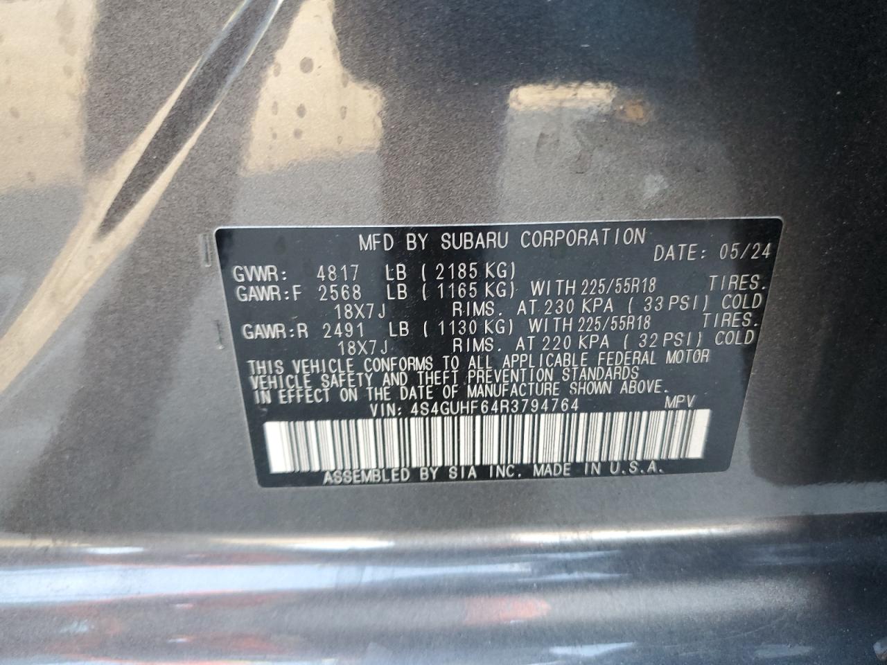 2024 SUBARU CROSSTREK SPORT VIN:4S4GUHF64R3794764