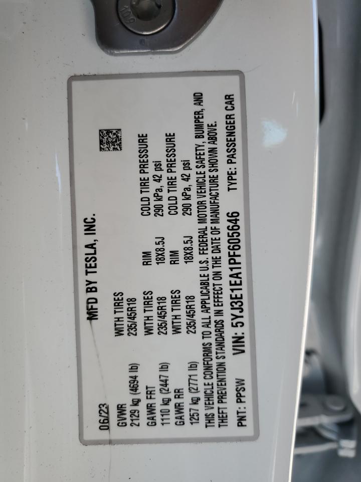 2023 TESLA MODEL 3 VIN:5YJ3E1EA1PF605646