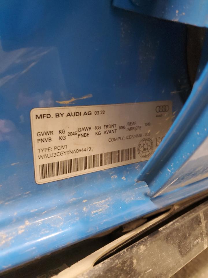 2022 AUDI S3 PRESTIGE VIN:WAUJ3CGY0NA064479