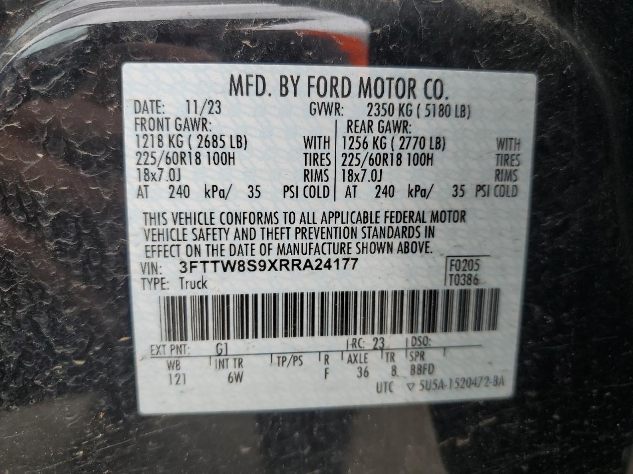 2024 FORD MAVERICK LARIAT VIN:3FTTW8S9XRRA24177