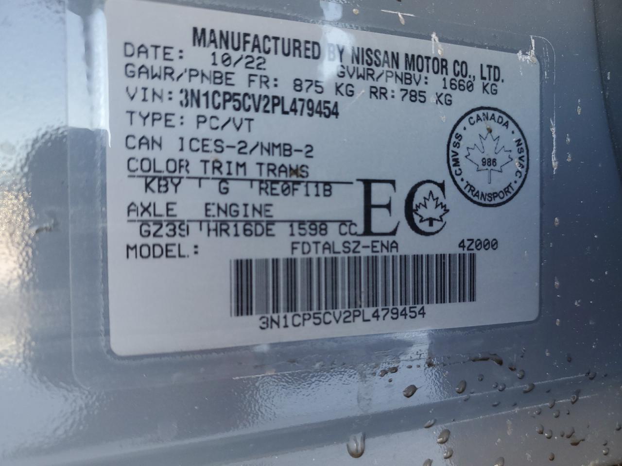 2023 NISSAN KICKS SV VIN:3N1CP5CV2PL479454