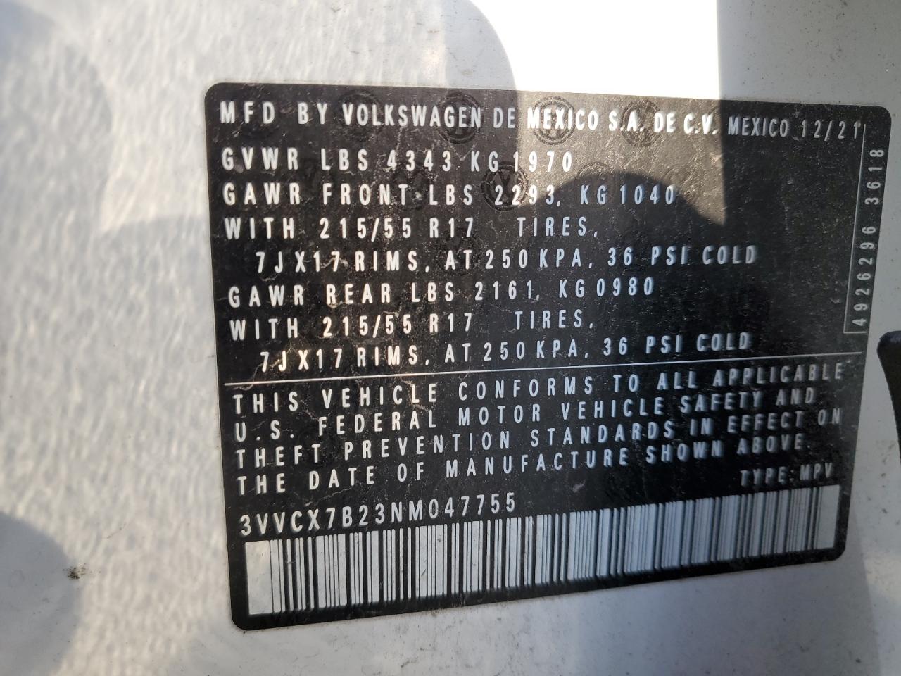 2022 VOLKSWAGEN TAOS S VIN:3VVCX7B23NM047755