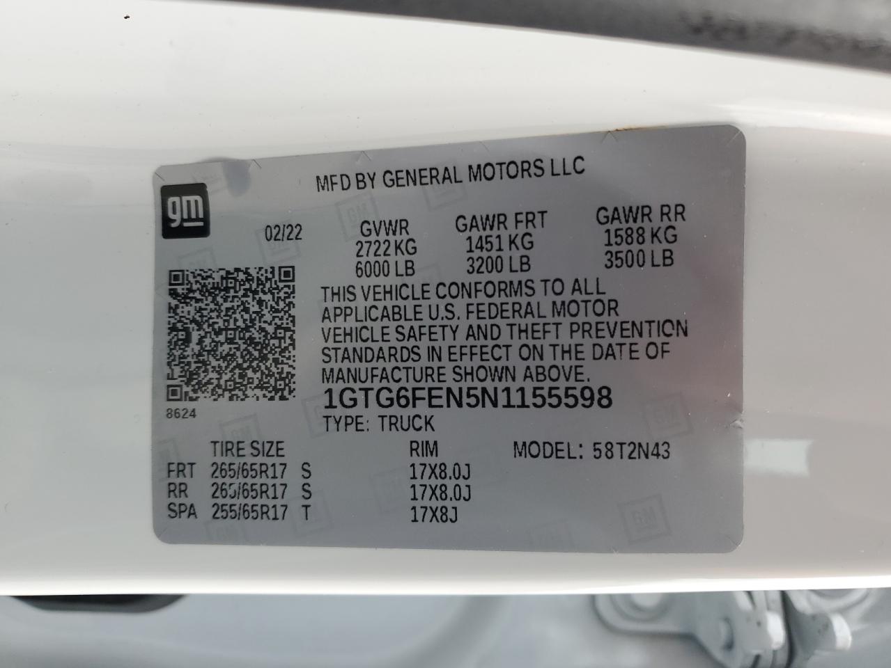 2022 GMC CANYON AT4 VIN:1GTG6FEN5N1155598