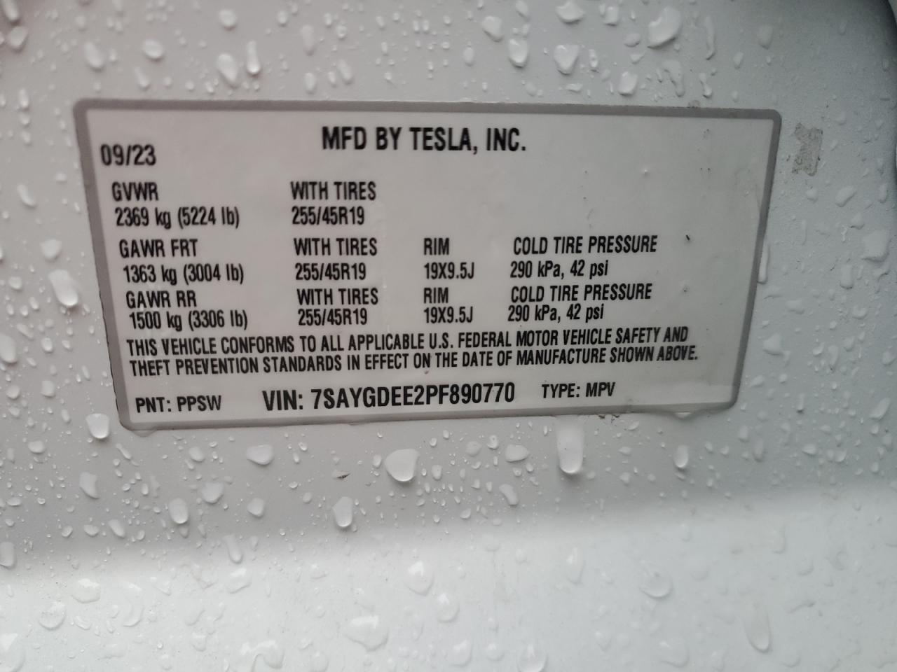 2023 TESLA MODEL Y VIN:7SAYGDEE2PF890770