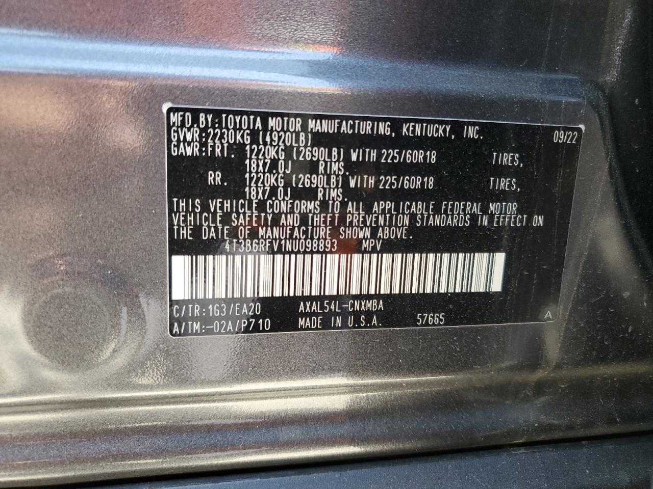 2022 TOYOTA RAV4 XLE PREMIUM VIN:4T3B6RFV1NU098893