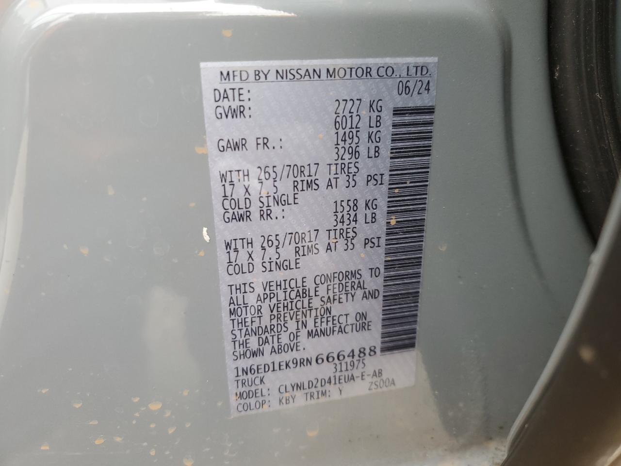 2024 NISSAN FRONTIER S VIN:1N6ED1EK9RN666488