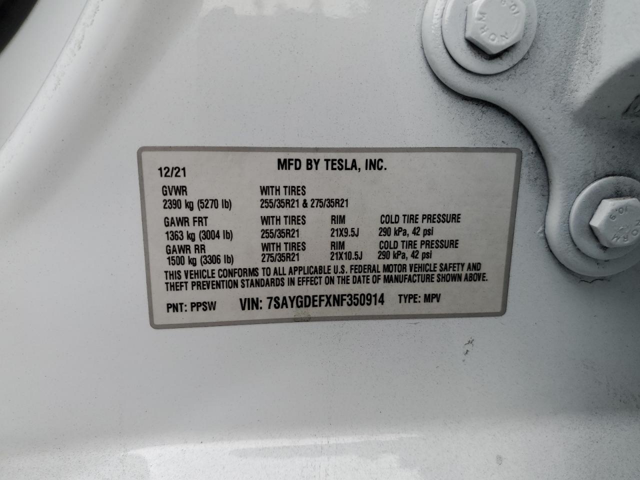 2022 TESLA MODEL Y VIN:7SAYGDEFXNF350914
